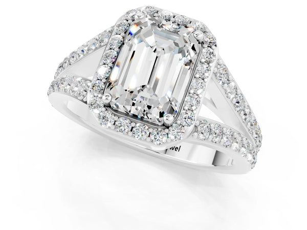 White gold Emerald Cut Moissanite Split Shank Halo Ring with Four-Prong Setting