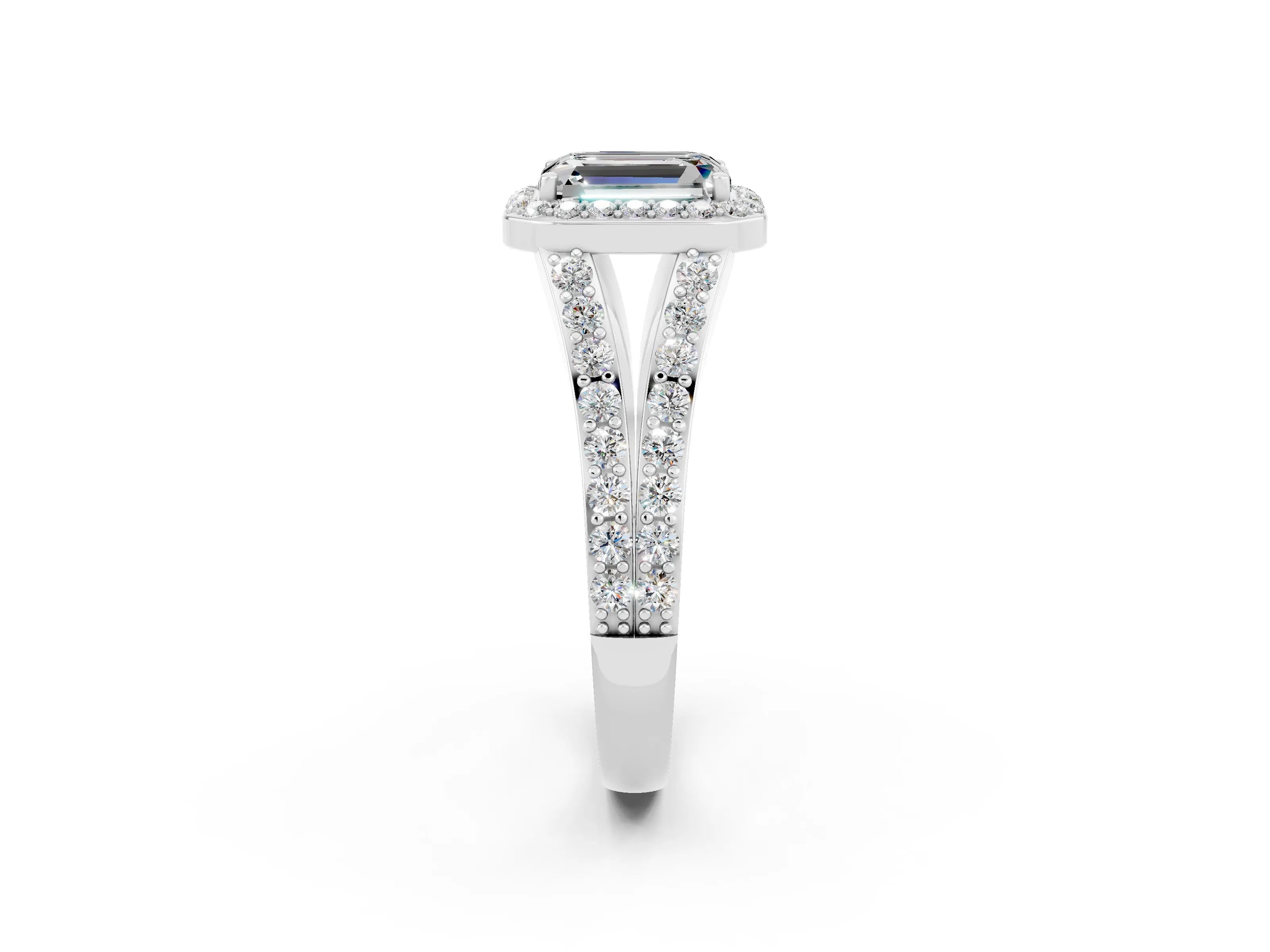White gold Emerald Cut Moissanite Split Shank Halo Ring with Four-Prong Setting_26