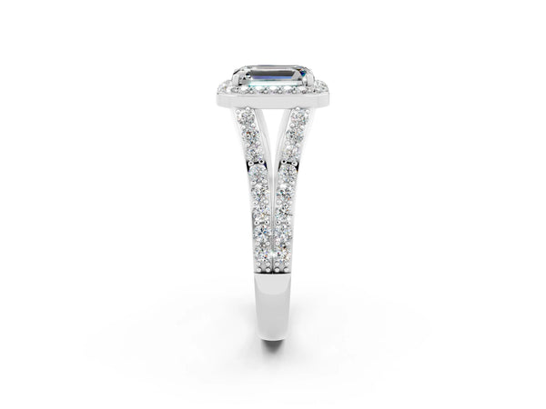 White gold Emerald Cut Moissanite Split Shank Halo Ring with Four-Prong Setting