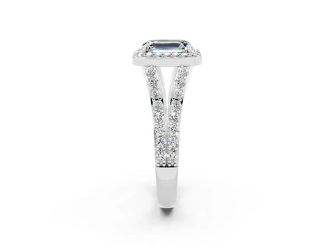 White gold Emerald Cut Moissanite Split Shank Halo Ring with Four-Prong Setting_26