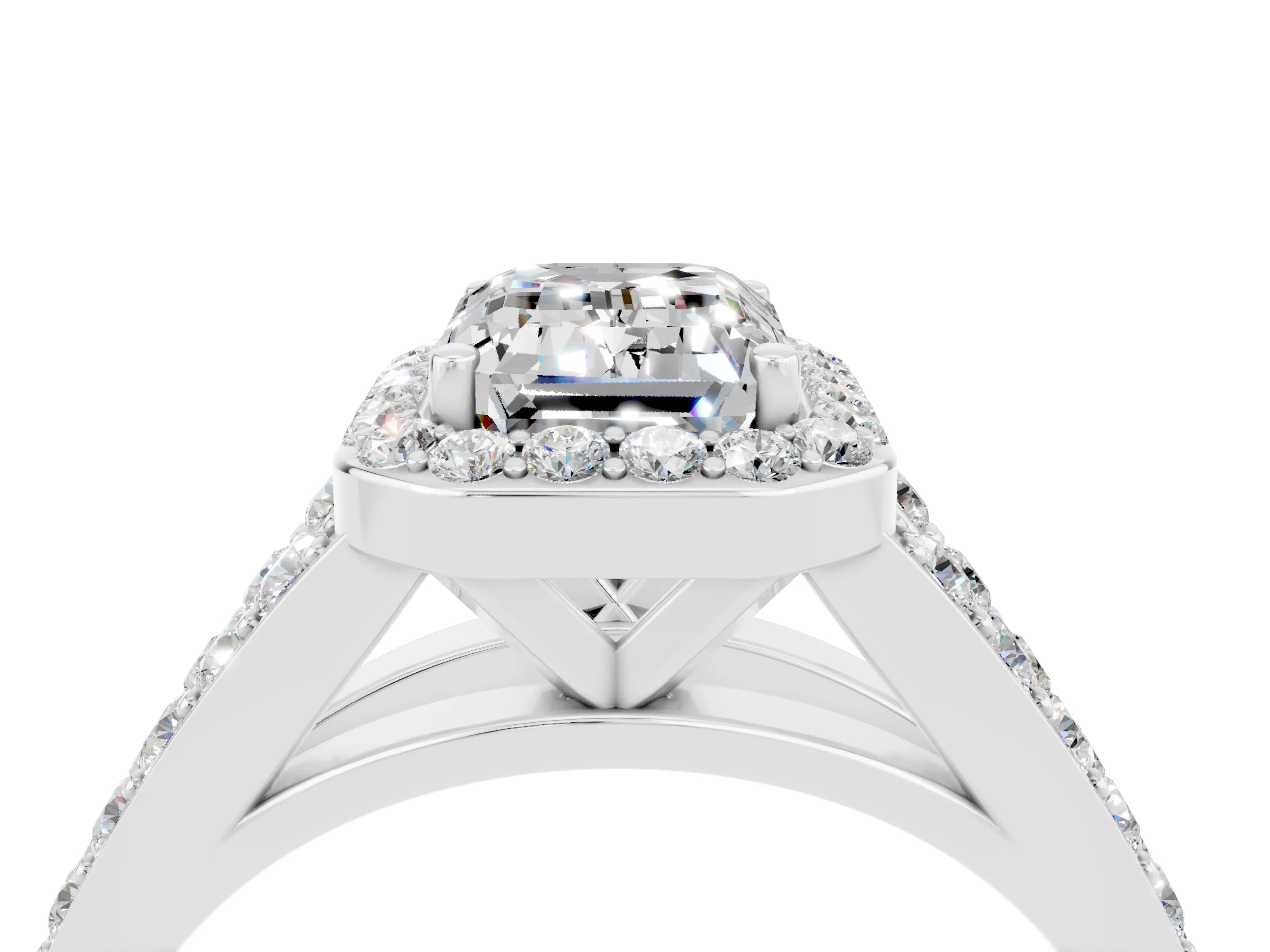 White gold Emerald Cut Moissanite Split Shank Halo Ring with Four-Prong Setting_28
