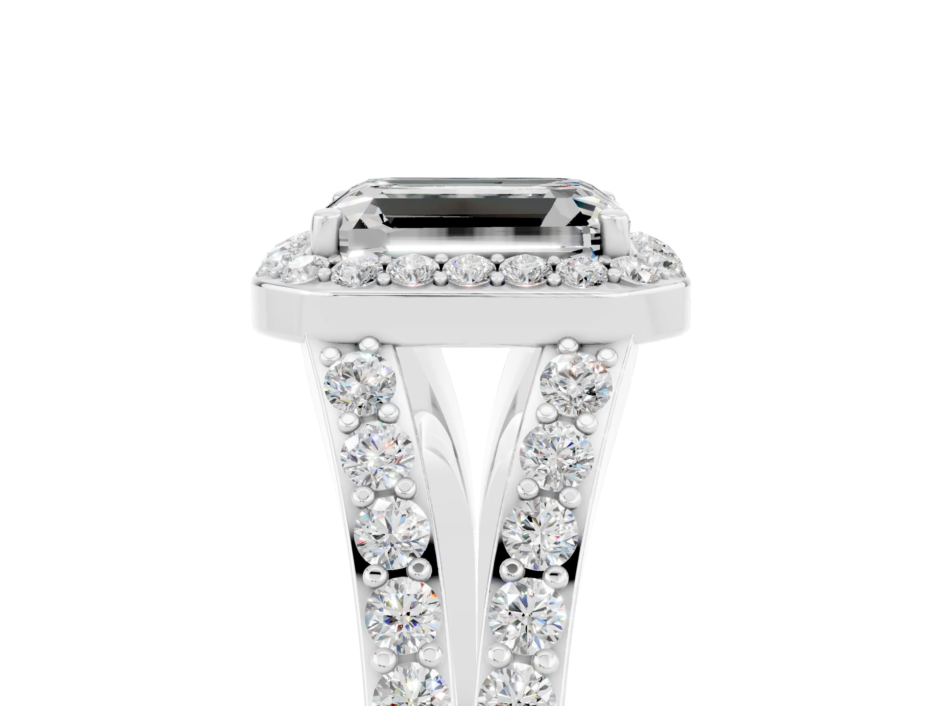White gold Emerald Cut Moissanite Split Shank Halo Ring with Four-Prong Setting_29