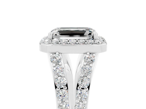 White gold Emerald Cut Moissanite Split Shank Halo Ring with Four-Prong Setting_29