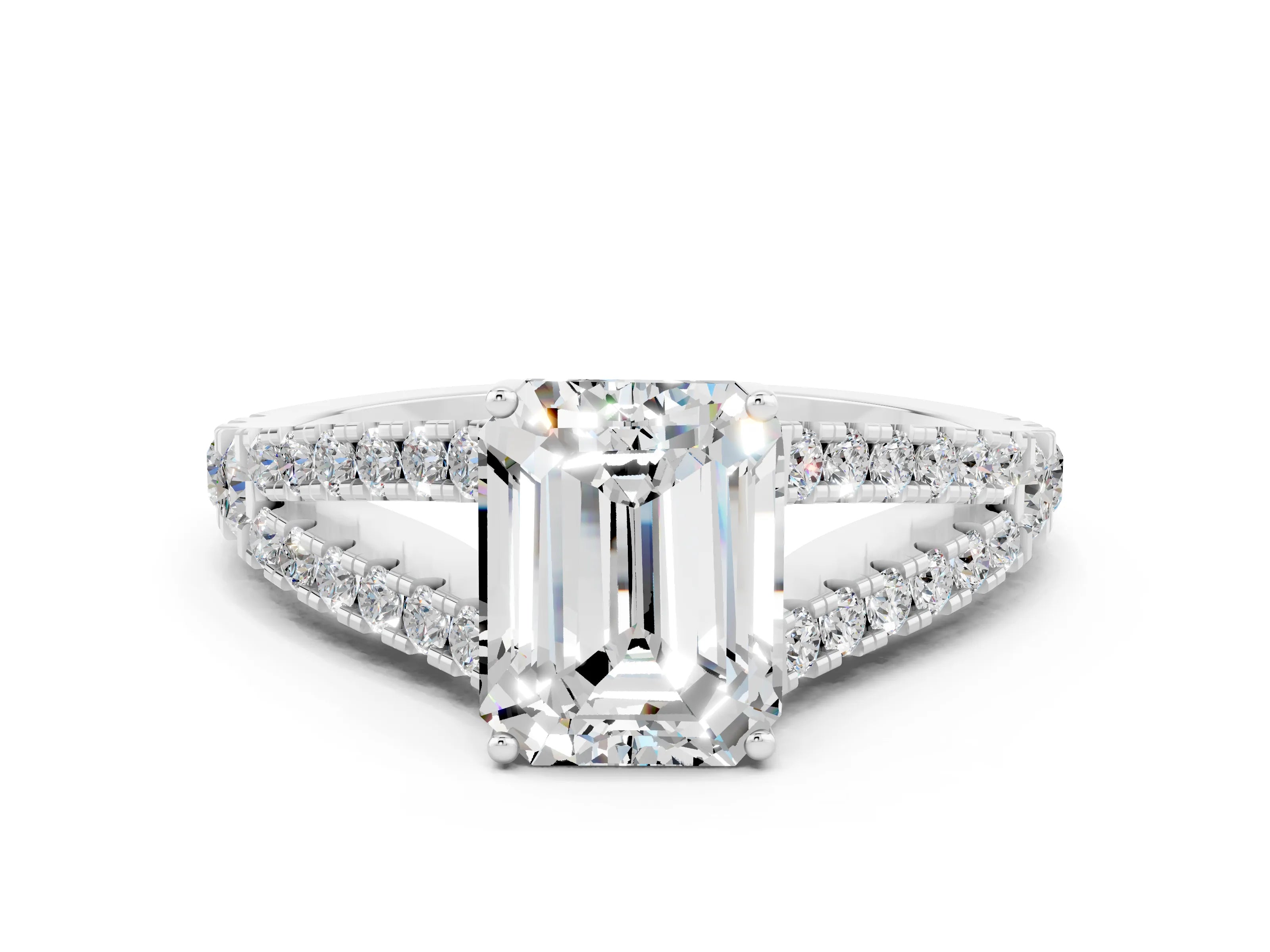 White gold Emerald Cut Moissanite Split Shank Pavé Engagement Ring with Four-Prong Setting_12