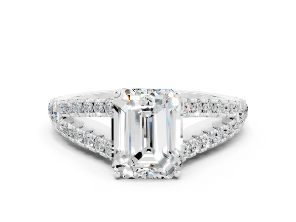 White gold Emerald Cut Moissanite Split Shank Pavé Engagement Ring with Four-Prong Setting