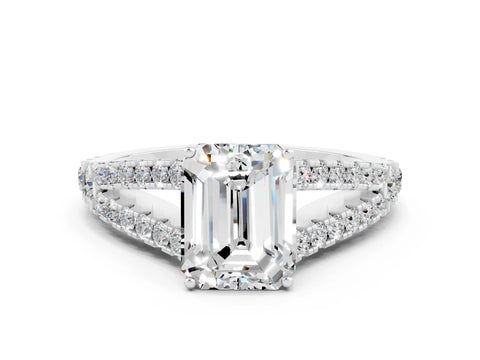 White gold Emerald Cut Moissanite Split Shank Pavé Engagement Ring with Four-Prong Setting_12