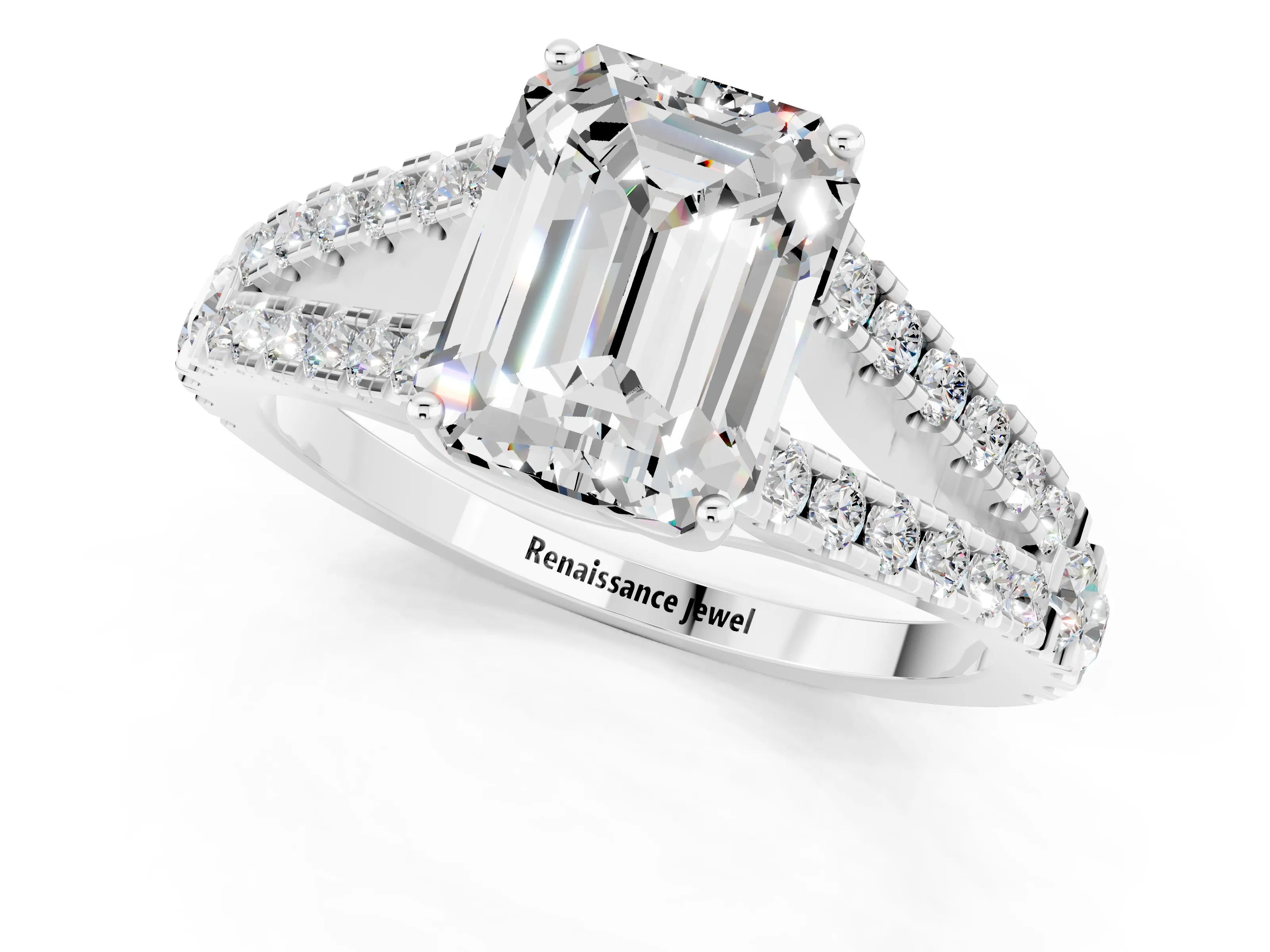 White gold Emerald Cut Moissanite Split Shank Pavé Engagement Ring with Four-Prong Setting_13