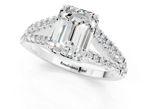 Silver Emerald Cut Moissanite Split Shank Pavé Engagement Ring with Four-Prong Setting