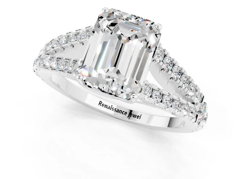 White gold Emerald Cut Moissanite Split Shank Pavé Engagement Ring with Four-Prong Setting_13