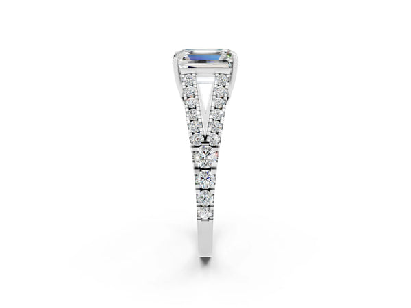 Platinum Emerald Cut Moissanite Split Shank Pavé Engagement Ring with Four-Prong Setting
