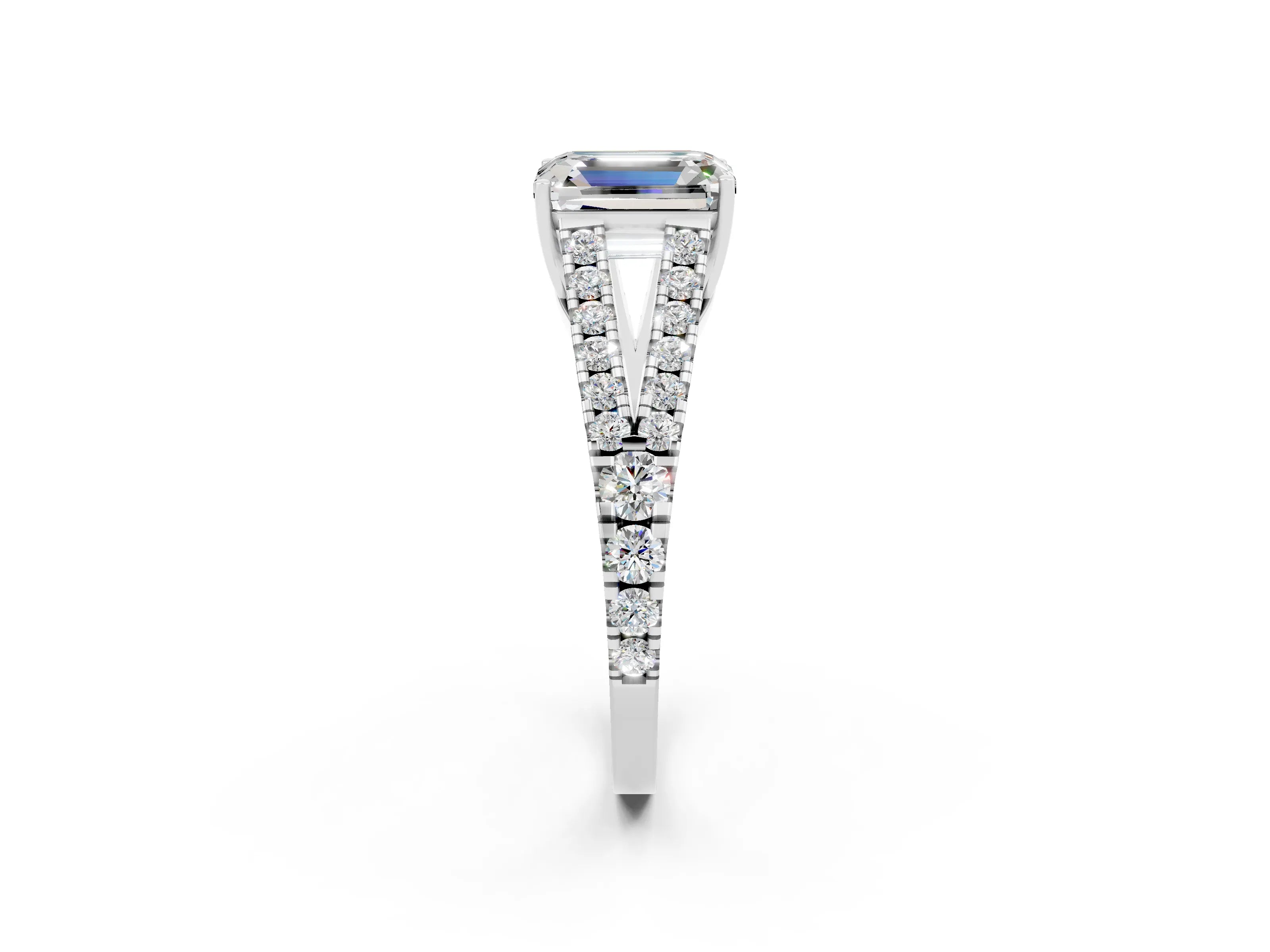 White gold Emerald Cut Moissanite Split Shank Pavé Engagement Ring with Four-Prong Setting_14