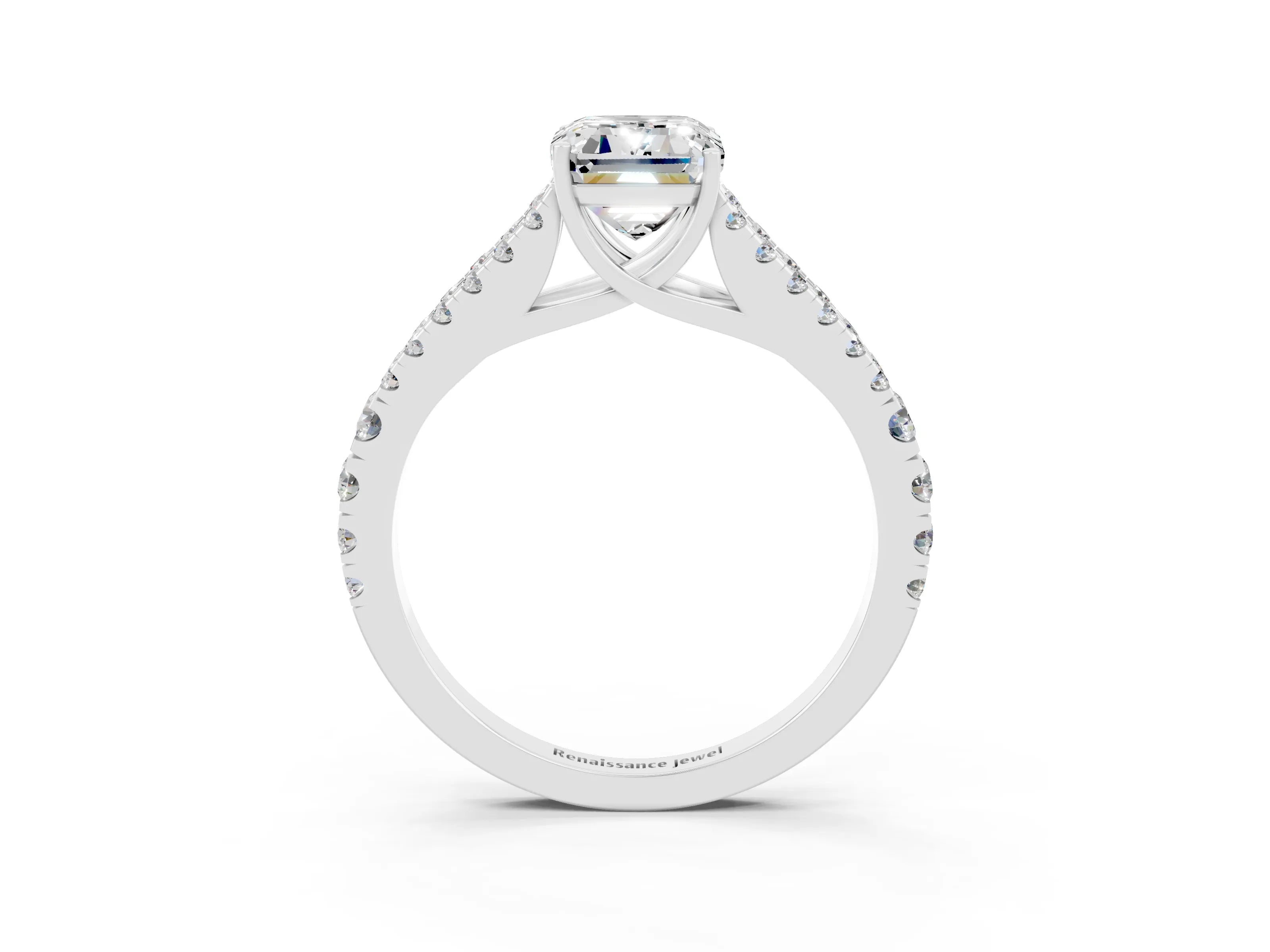 White gold Emerald Cut Moissanite Split Shank Pavé Engagement Ring with Four-Prong Setting_15