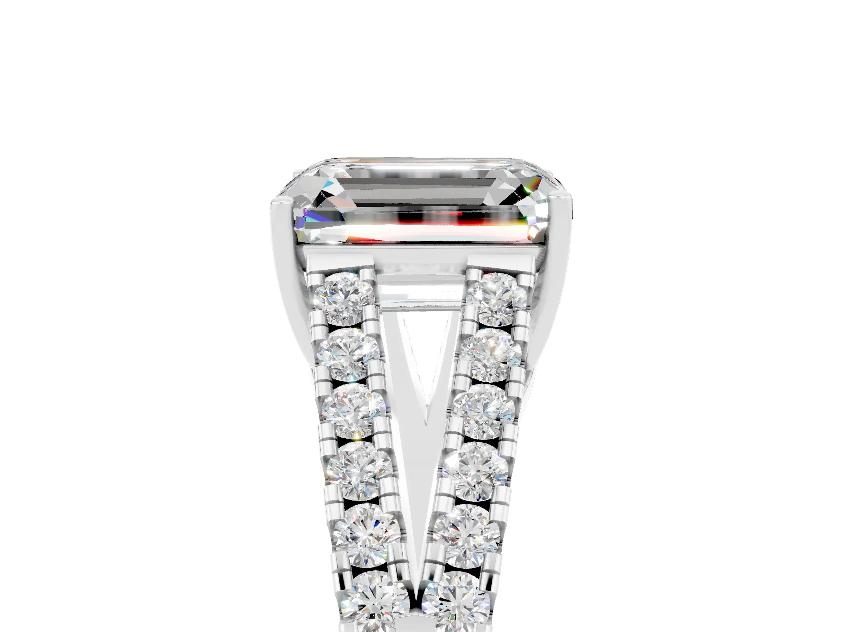 White gold Emerald Cut Moissanite Split Shank Pavé Engagement Ring with Four-Prong Setting_17