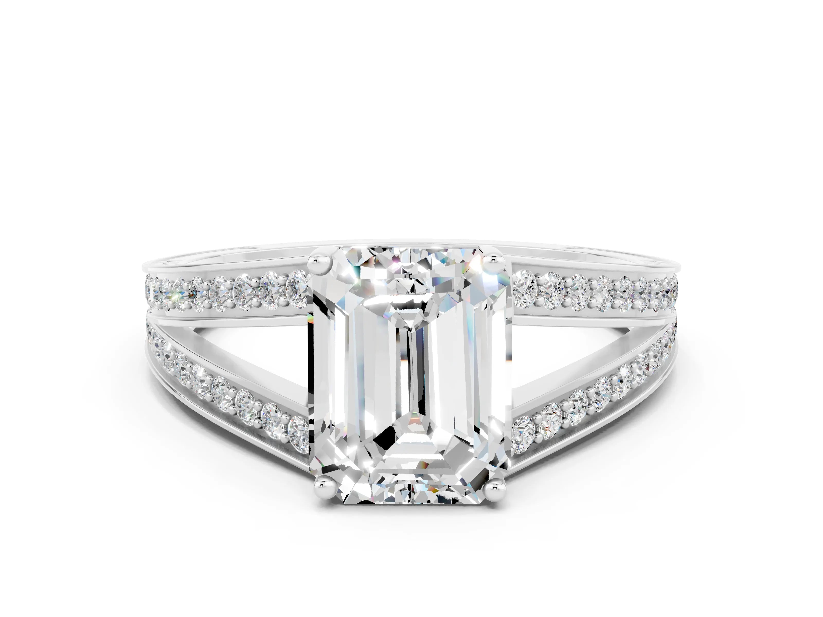 White gold Emerald Cut Moissanite Split Shank Ring with Pavé Band and Four-Prong Setting