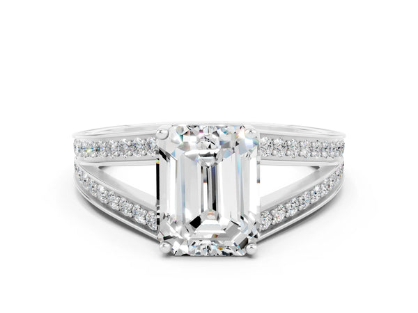 Platinum Emerald Cut Moissanite Split Shank Ring with Pavé Band and Four-Prong Setting