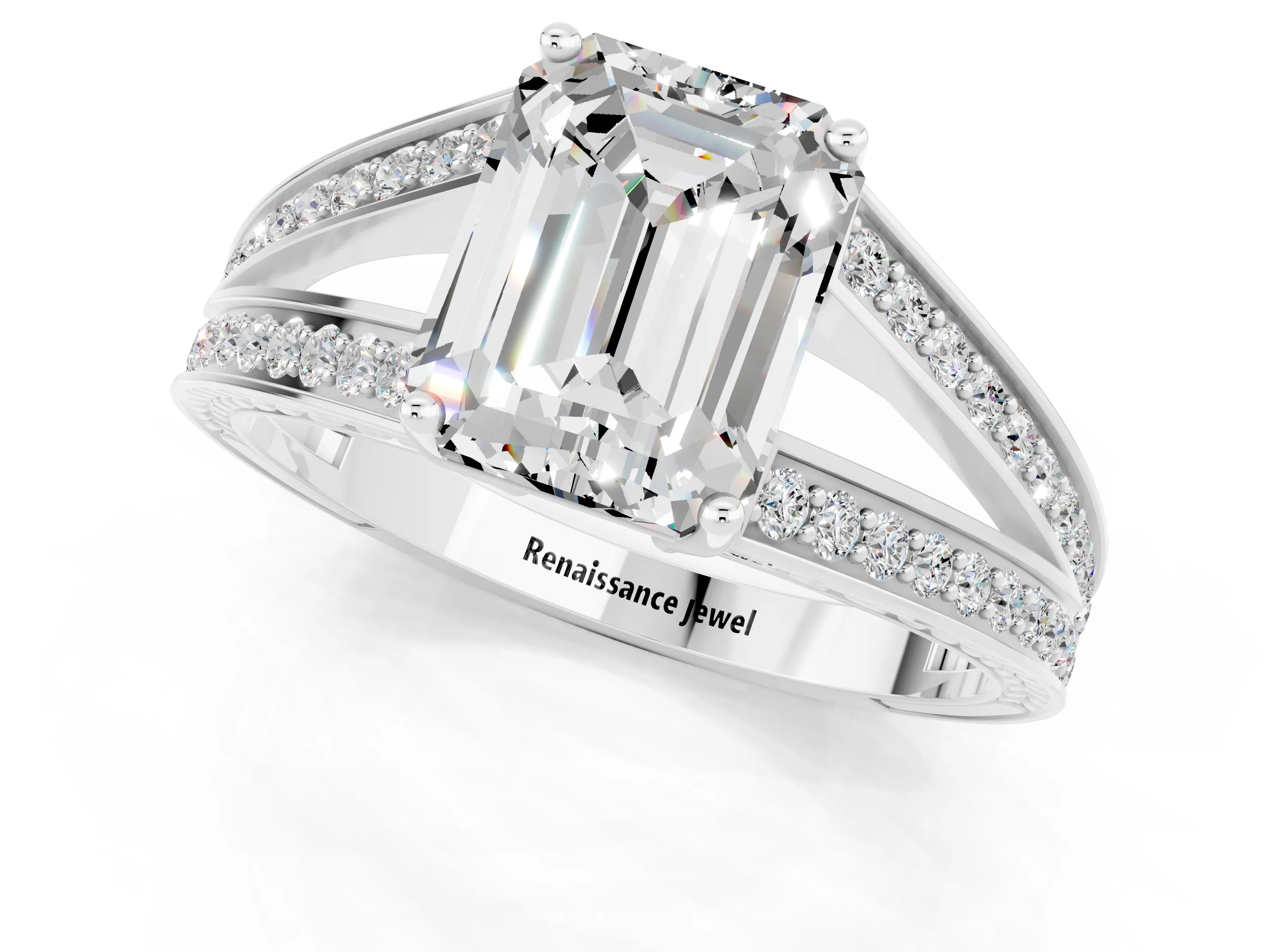 White gold Emerald Cut Moissanite Split Shank Ring with Pavé Band and Four-Prong Setting_1