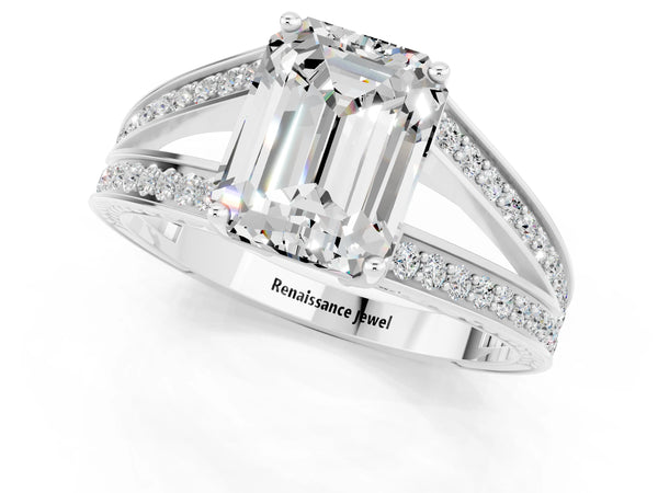 Silver Emerald Cut Moissanite Split Shank Ring with Pavé Band and Four-Prong Setting