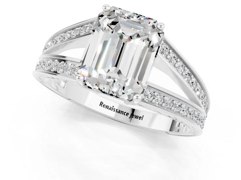 White gold Emerald Cut Moissanite Split Shank Ring with Pavé Band and Four-Prong Setting_1