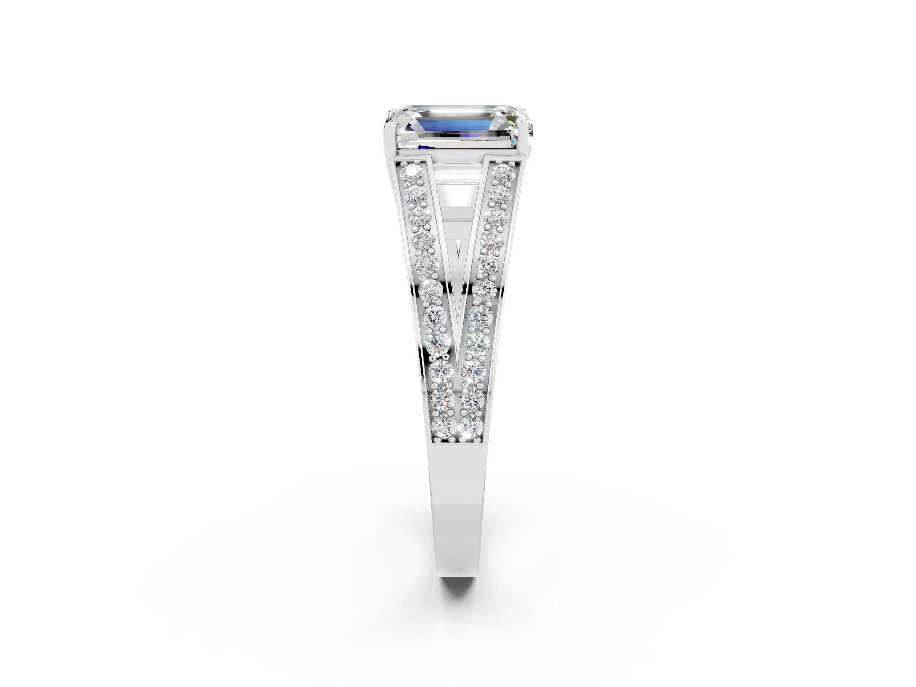 White gold Emerald Cut Moissanite Split Shank Ring with Pavé Band and Four-Prong Setting_2