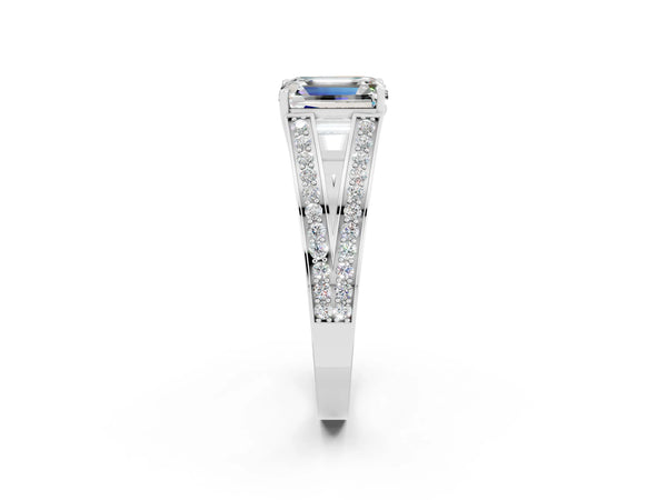 White gold Emerald Cut Moissanite Split Shank Ring with Pavé Band and Four-Prong Setting