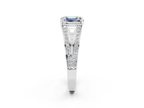 White gold Emerald Cut Moissanite Split Shank Ring with Pavé Band and Four-Prong Setting_2