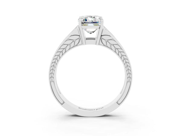 Platinum Emerald Cut Moissanite Split Shank Ring with Pavé Band and Four-Prong Setting