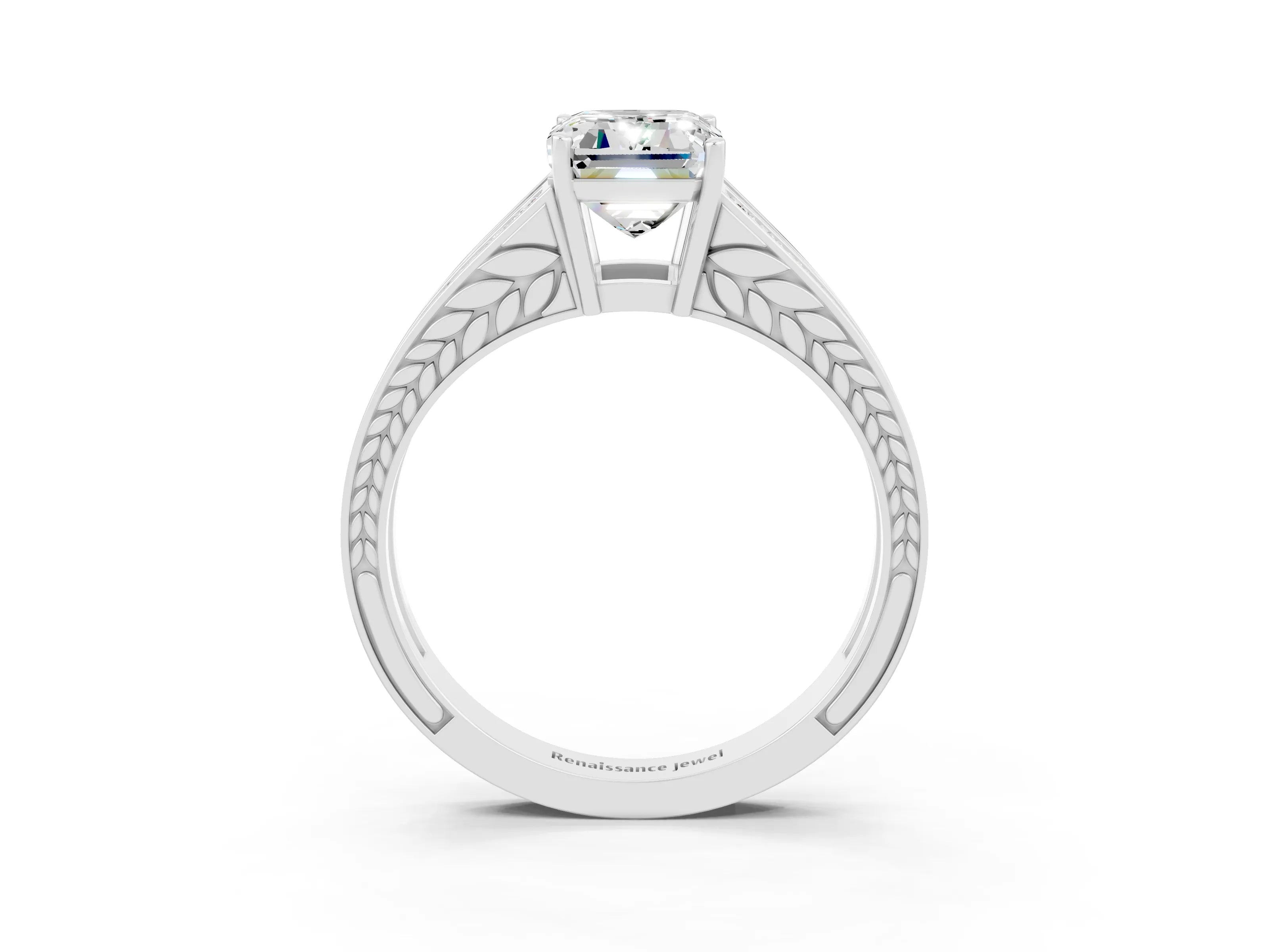 White gold Emerald Cut Moissanite Split Shank Ring with Pavé Band and Four-Prong Setting_3