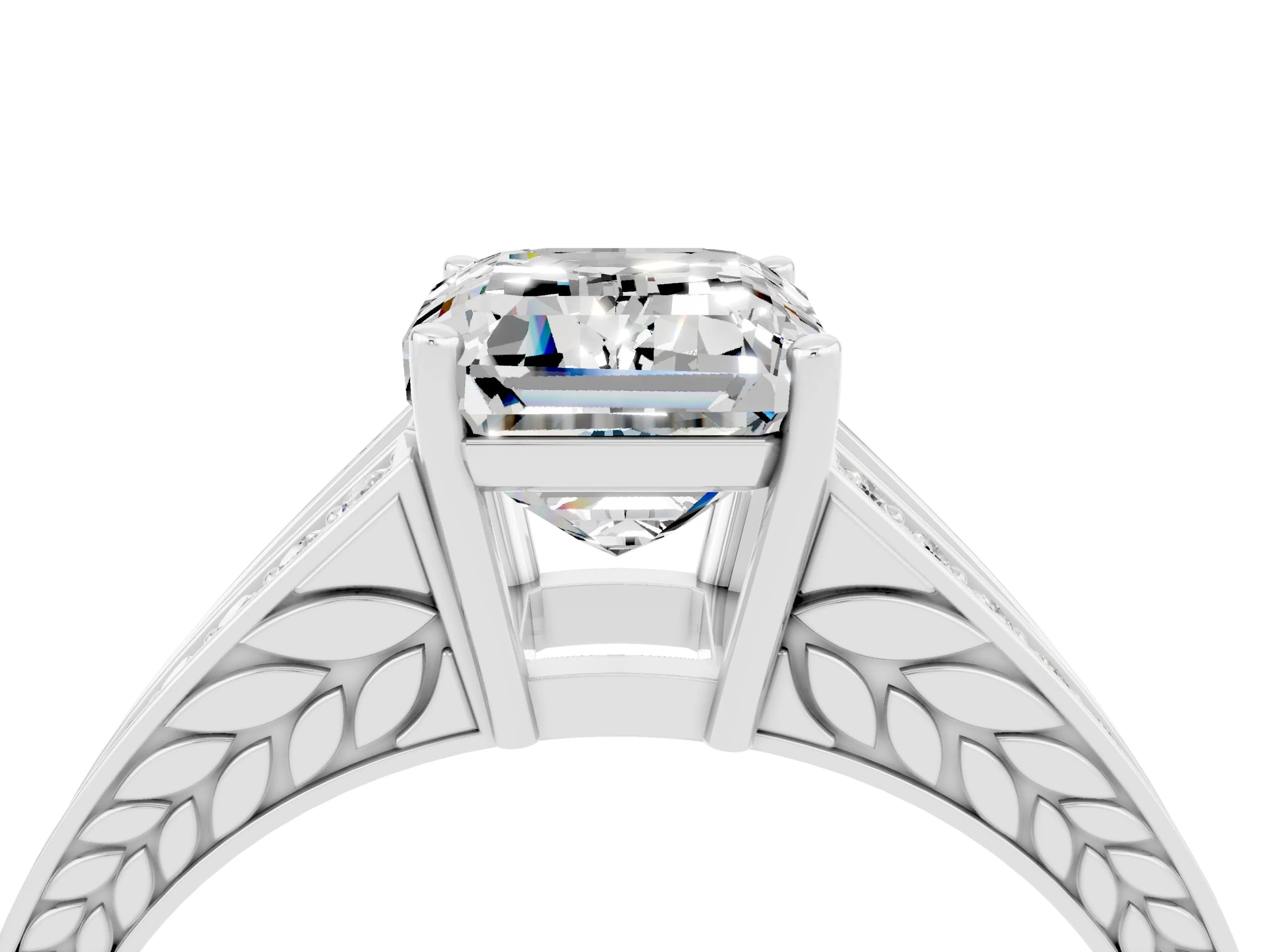 White gold Emerald Cut Moissanite Split Shank Ring with Pavé Band and Four-Prong Setting_4