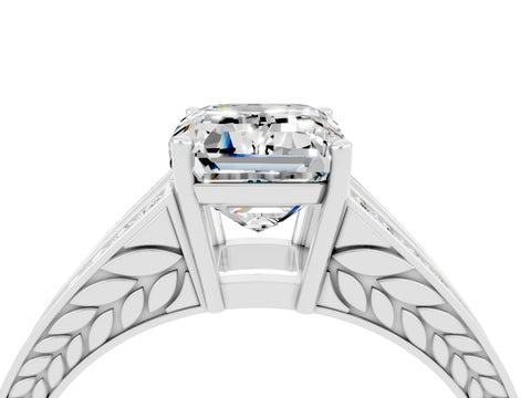 White gold Emerald Cut Moissanite Split Shank Ring with Pavé Band and Four-Prong Setting_4
