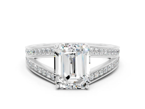 White gold Emerald Cut Moissanite Split Shank Ring with Pavé Band and Four-Prong Setting