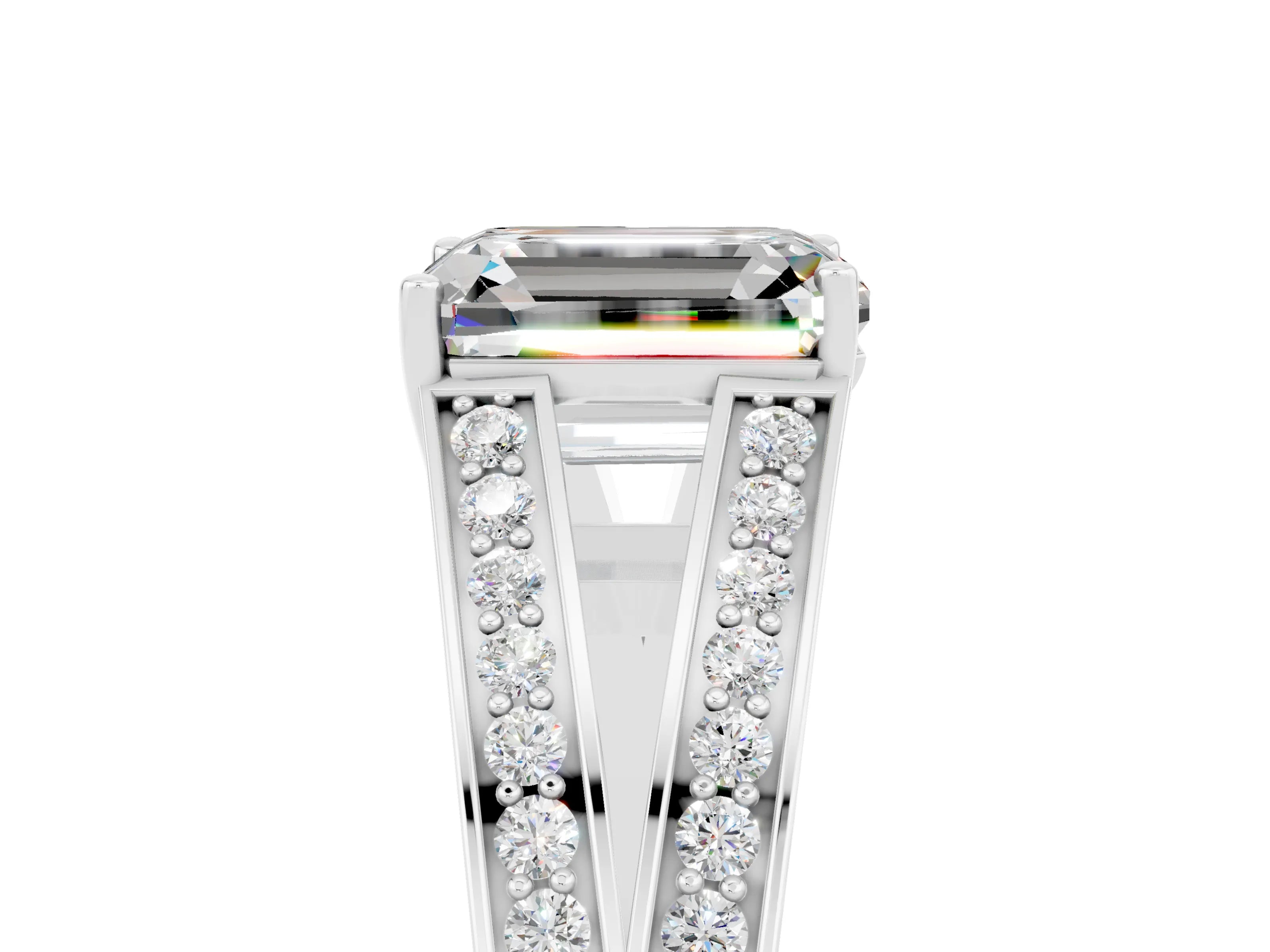 White gold Emerald Cut Moissanite Split Shank Ring with Pavé Band and Four-Prong Setting_5