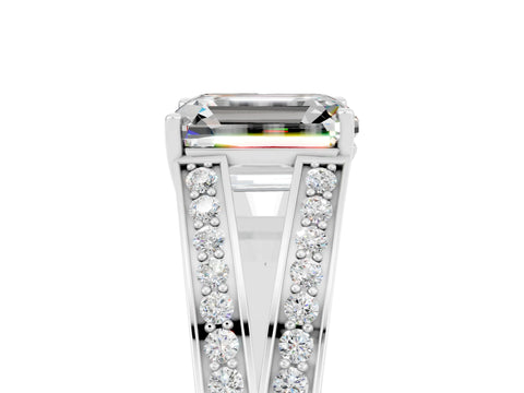 White gold Emerald Cut Moissanite Split Shank Ring with Pavé Band and Four-Prong Setting_5