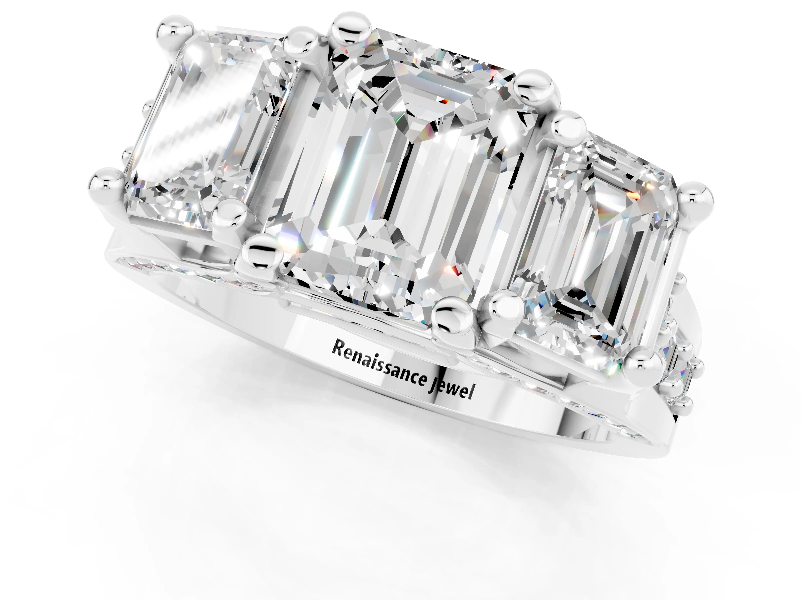 White gold Emerald Cut Moissanite Three-Stone Ring with Channel Set Band and Four-Prong Setting_1