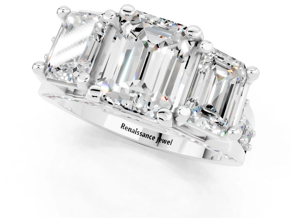Platinum Emerald Cut Moissanite Three-Stone Ring with Channel Set Band and Four-Prong Setting