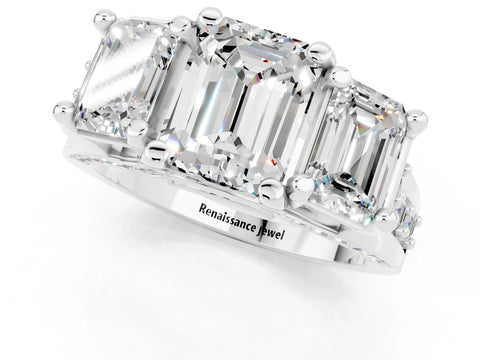 White gold Emerald Cut Moissanite Three-Stone Ring with Channel Set Band and Four-Prong Setting_1