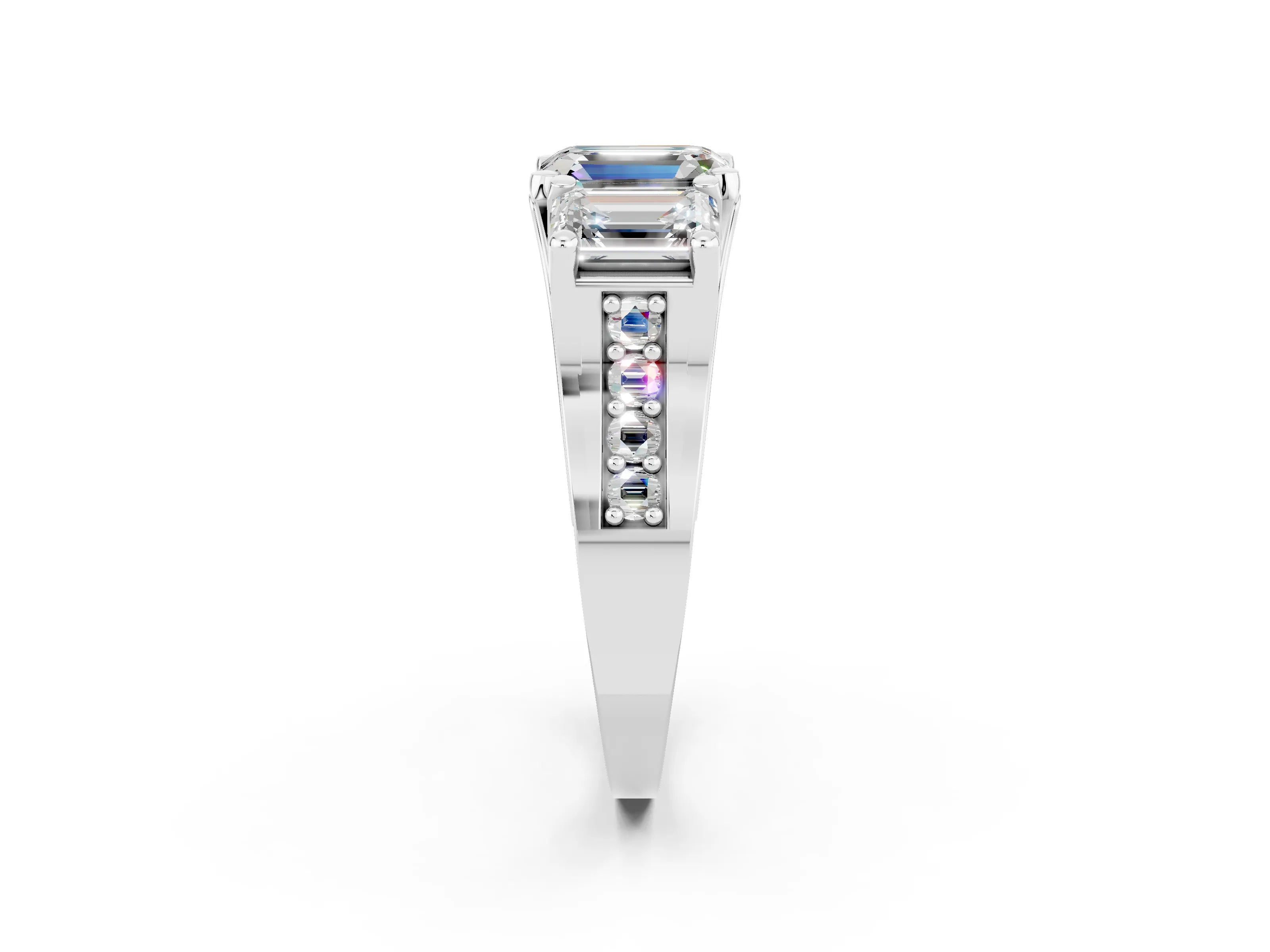 White gold Emerald Cut Moissanite Three-Stone Ring with Channel Set Band and Four-Prong Setting_2