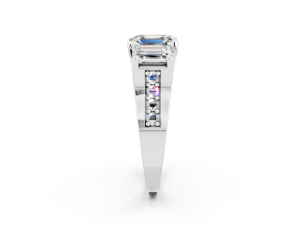 White gold Emerald Cut Moissanite Three-Stone Ring with Channel Set Band and Four-Prong Setting