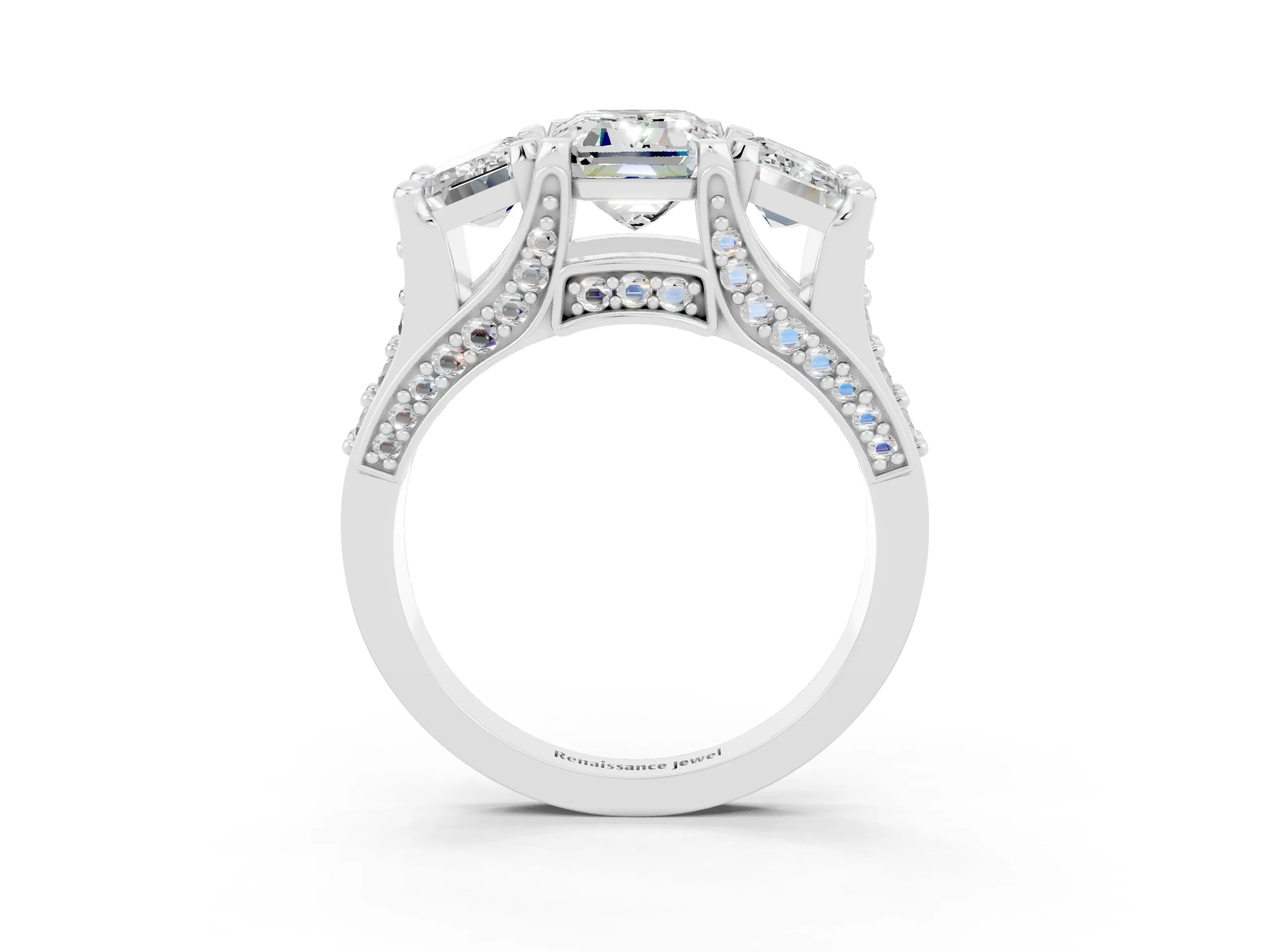 White gold Emerald Cut Moissanite Three-Stone Ring with Channel Set Band and Four-Prong Setting_3