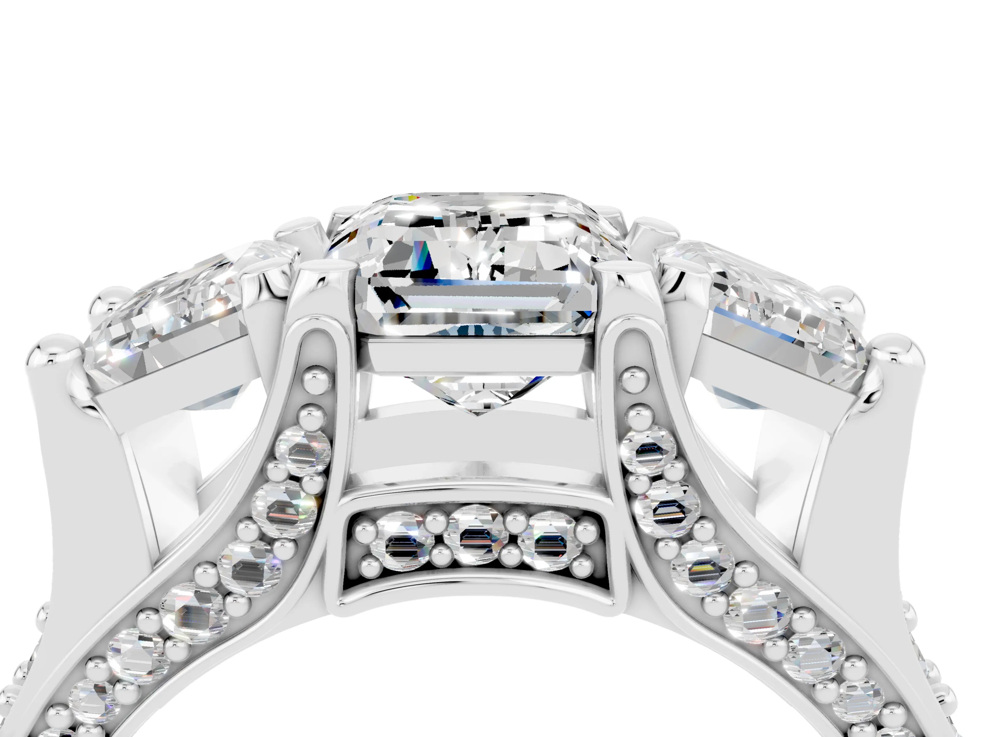 White gold Emerald Cut Moissanite Three-Stone Ring with Channel Set Band and Four-Prong Setting_4