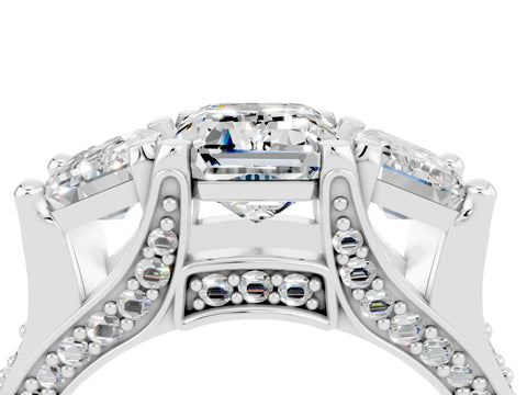 White gold Emerald Cut Moissanite Three-Stone Ring with Channel Set Band and Four-Prong Setting_4
