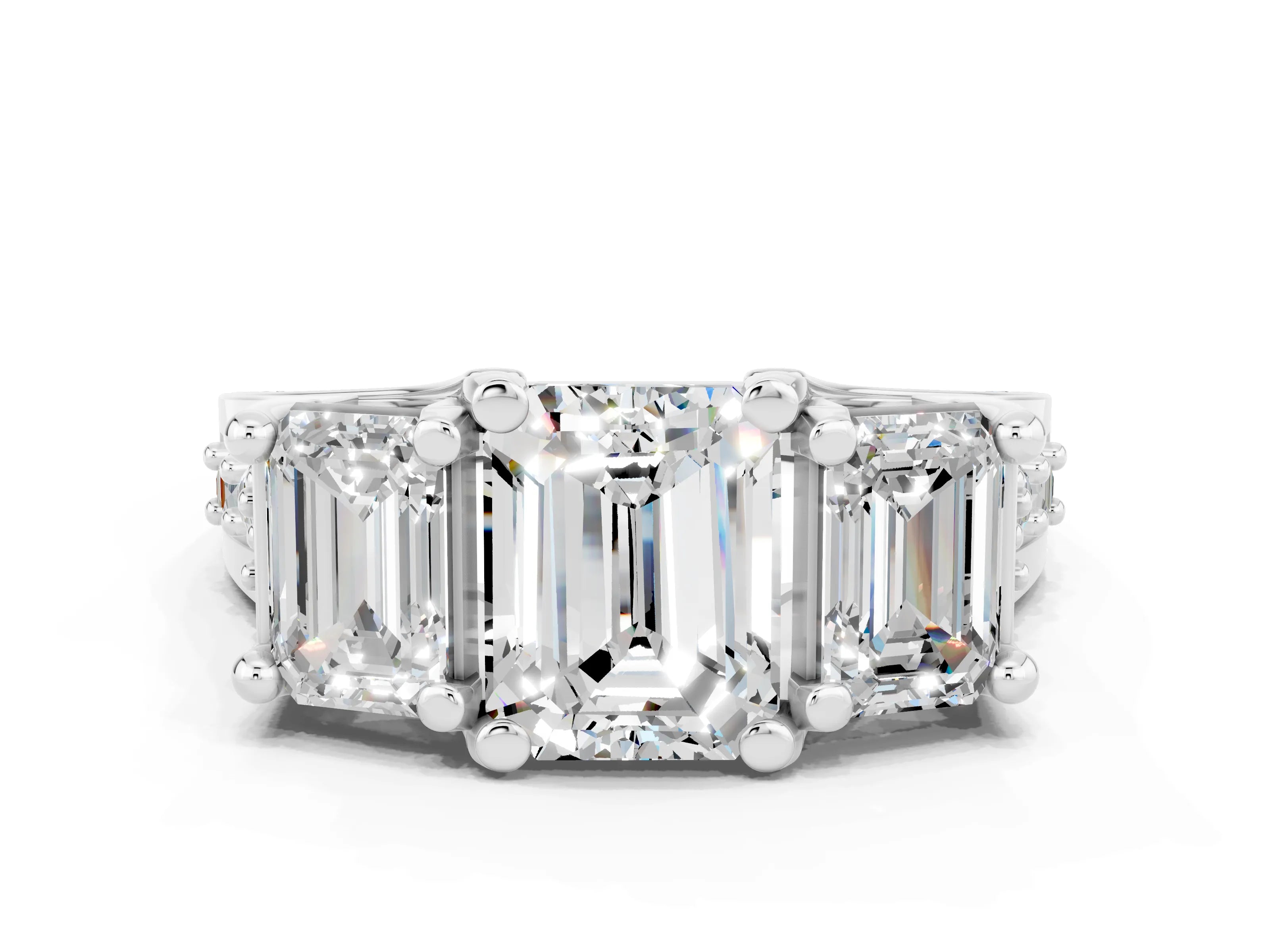 White gold Emerald Cut Moissanite Three-Stone Ring with Channel Set Band and Four-Prong Setting