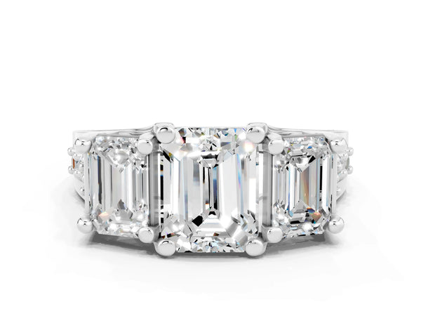 Silver Emerald Cut Moissanite Three-Stone Ring with Channel Set Band and Four-Prong Setting