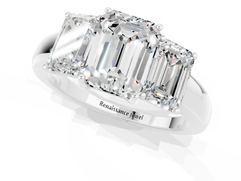 White gold Emerald Cut Moissanite Three-Stone Ring with Four-Prong Setting and Classic Band_1