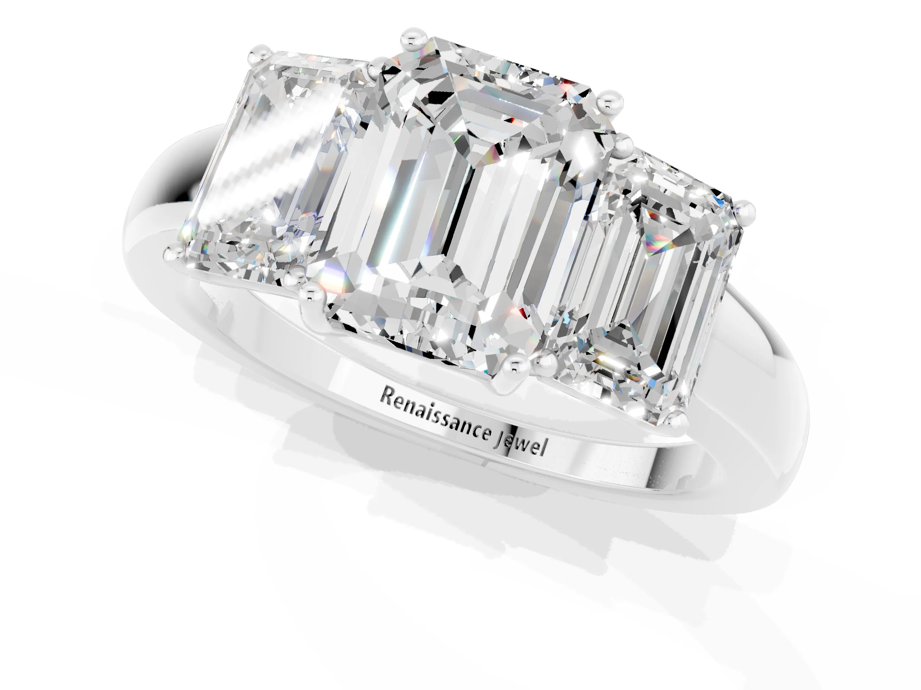 White gold Emerald Cut Moissanite Three-Stone Ring with Four-Prong Setting and Classic Band_1