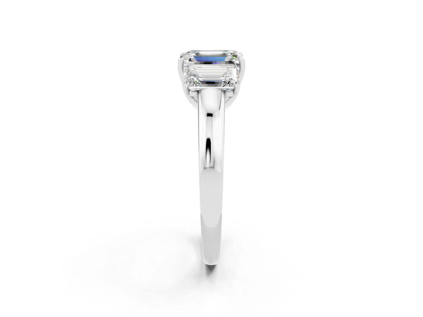 Platinum Emerald Cut Moissanite Three-Stone Ring with Four-Prong Setting and Classic Band