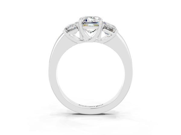 White gold Emerald Cut Moissanite Three-Stone Ring with Four-Prong Setting and Classic Band