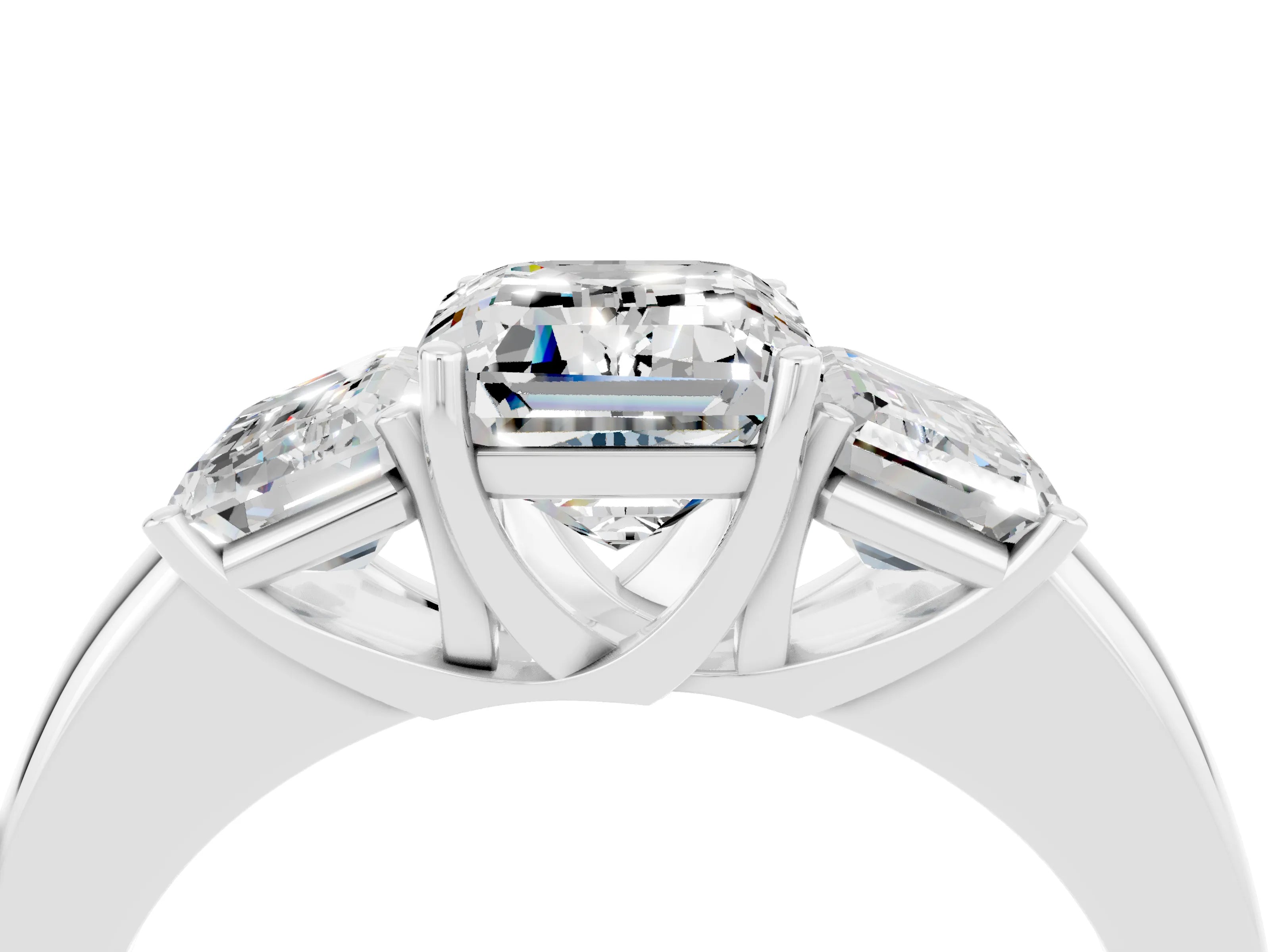 White gold Emerald Cut Moissanite Three-Stone Ring with Four-Prong Setting and Classic Band_4