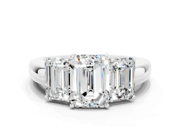White gold Emerald Cut Moissanite Three-Stone Ring with Four-Prong Setting and Classic Band
