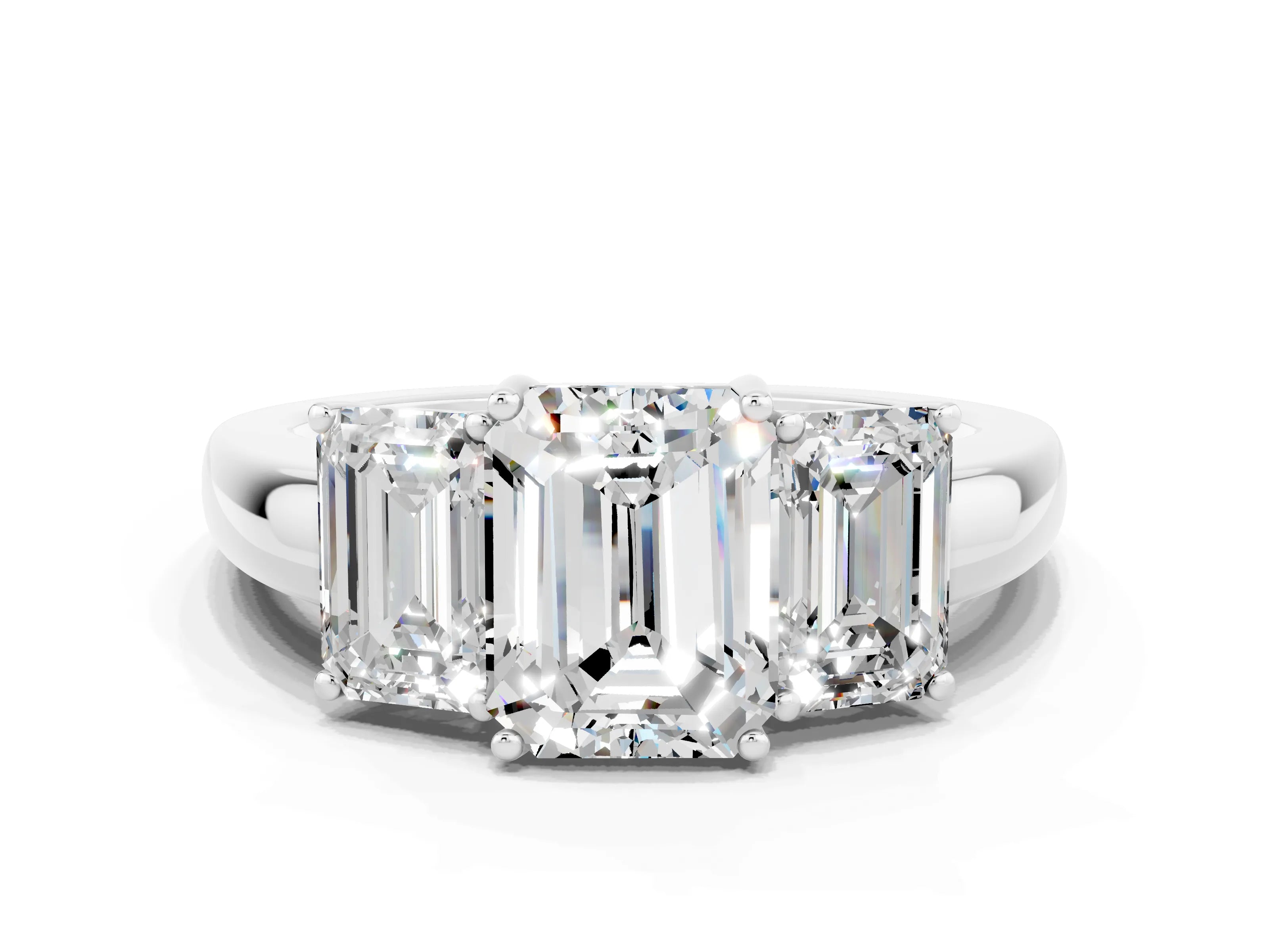 White gold Emerald Cut Moissanite Three-Stone Ring with Four-Prong Setting and Classic Band