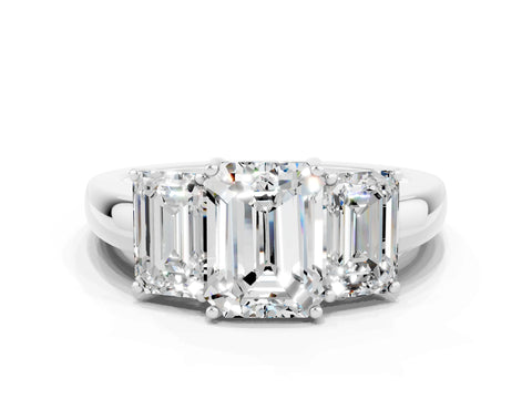 White gold Emerald Cut Moissanite Three-Stone Ring with Four-Prong Setting and Classic Band